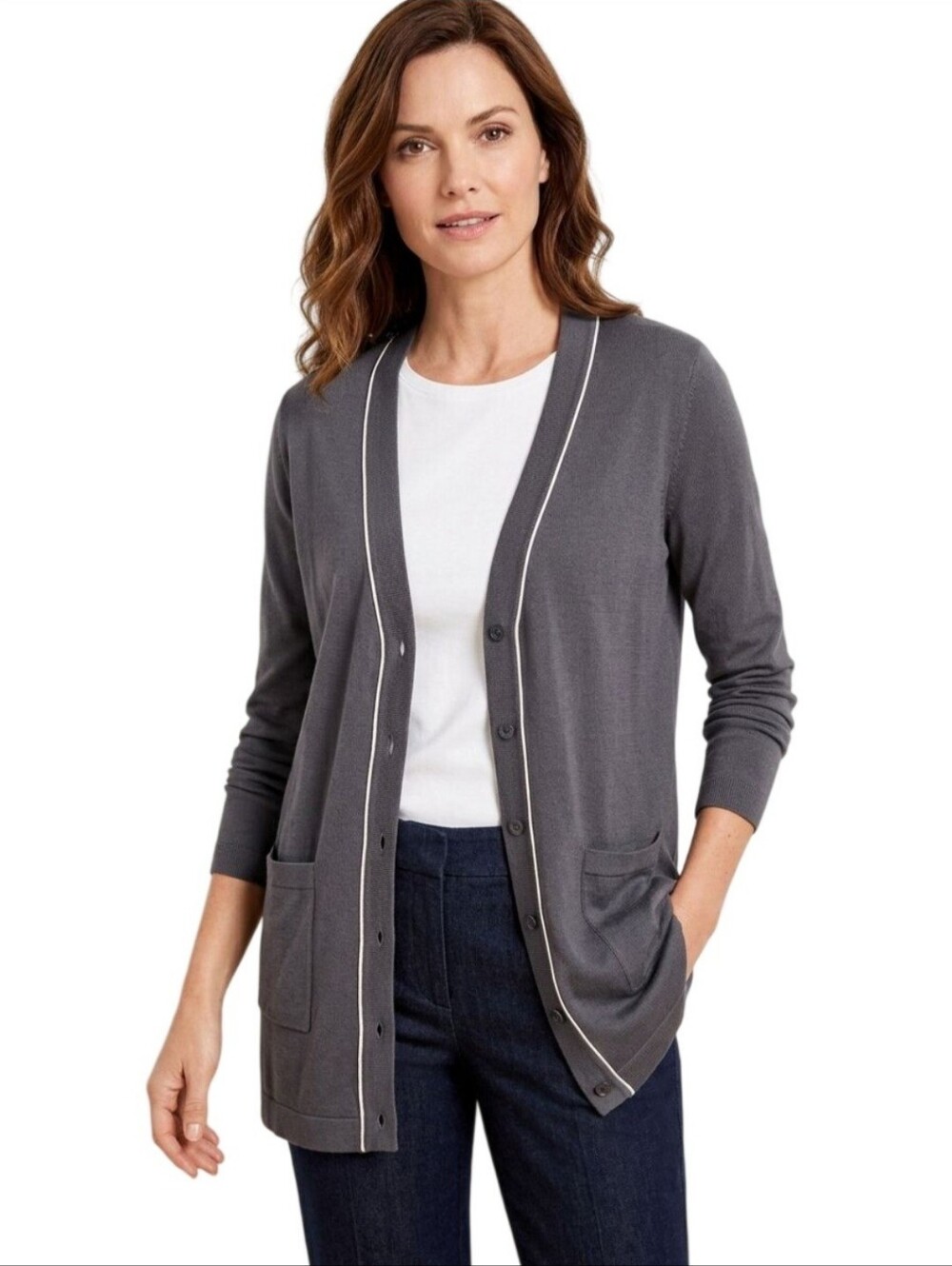 Talbots Vintage Silk Cashmere Grey Cream Piped V Neck Cardigan Sweater Size M
